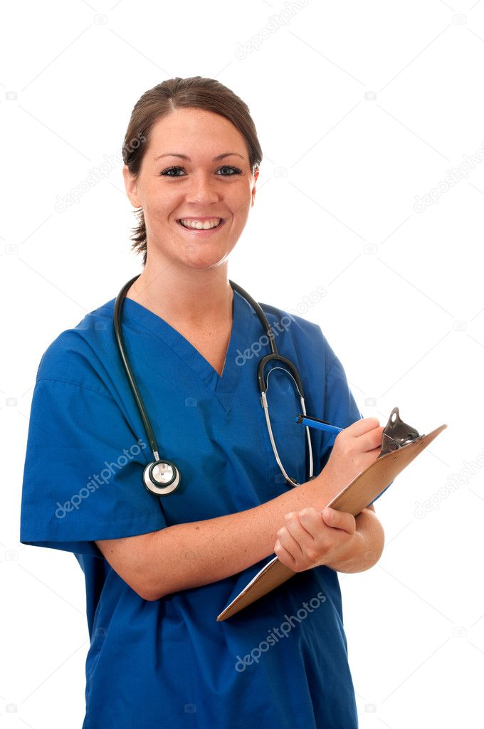 Female Nurse with Stethoscope and Clipboard Isol