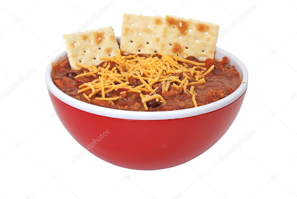 Chili with Cheese and Crackers Isolated