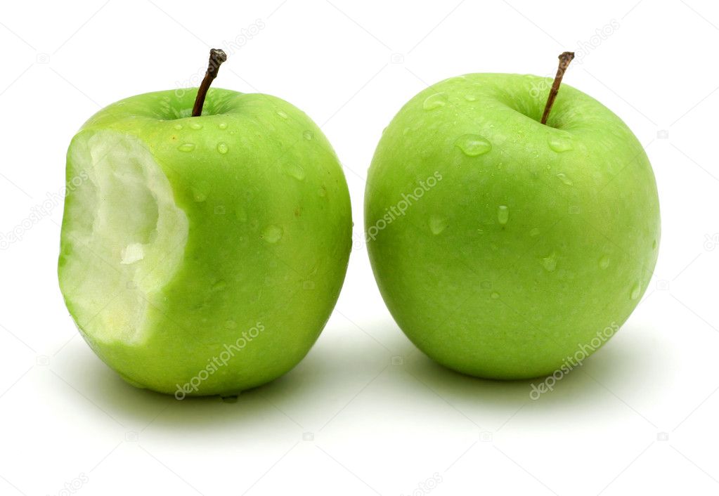 Two green apples on white background