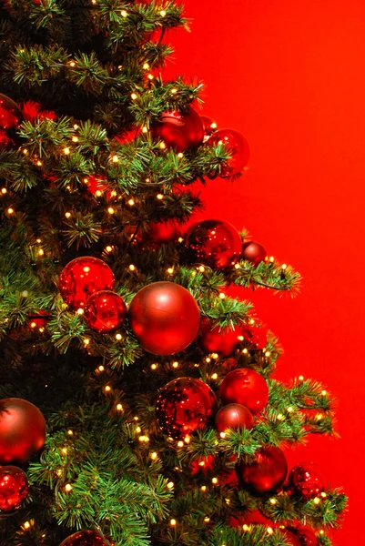Part of Christmas tree on red background. — Stock Photo, Image