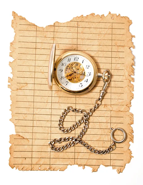 Vecchia carta schiacciata con un orologio — Foto Stock