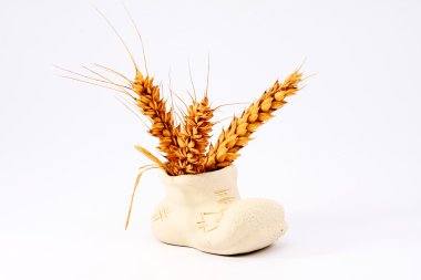 Wheat ears in a decorative ceramic vase on a white background clipart