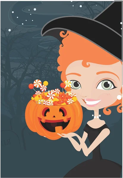 Halloween witch with candy background — Stock Vector