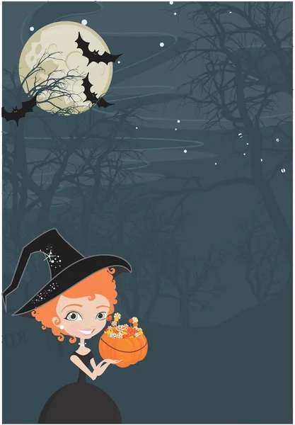 Halloween witch with candy background — Stock Vector
