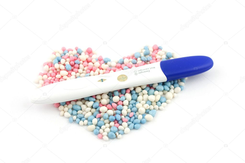 Blue and pink mice togheter with a pregnancy test