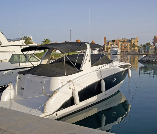 Motor yachts moored in a marina — Stock Photo, Image