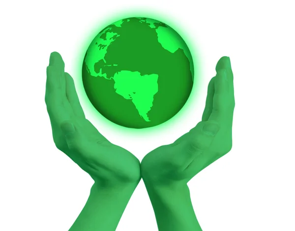 Les mains vertes tenant le globe mondial — Photo