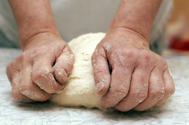 Hands of woman baker kneading dough clipart