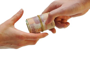 Man hand passes money to woman hand clipart