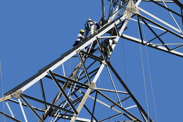 Trabalhadores na linha de electricidade eléctrica — Fotografia de Stock