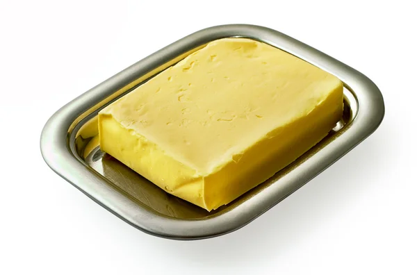 Butter auf silberner Butterschale isoliert — Stockfoto