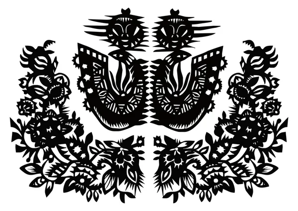 Deux oiseaux noirs et des fleurs — Image vectorielle