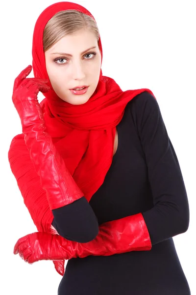 Beautiful charming girl dancing in red gloves — Stock Photo, Image
