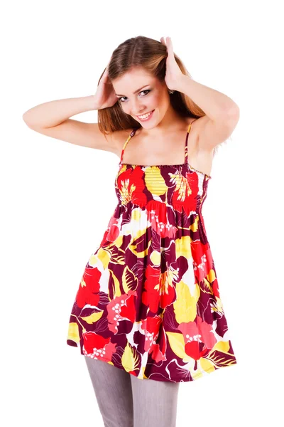 Mooi zoete jonge meisje in jurk — Stockfoto