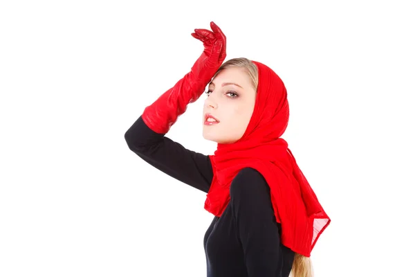 Bella seducente ragazza in guanti rossi — Foto Stock