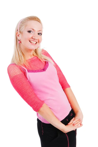 Mooi schattige lachende meisje in roze blouse — Stockfoto