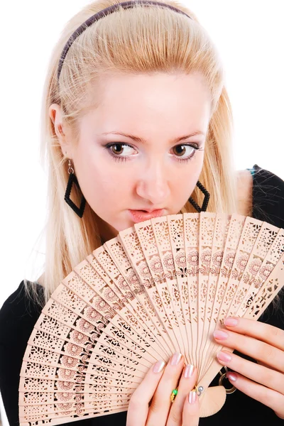 Ung vacker blond tjej med ett fan — Stockfoto