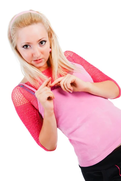 Красивая очаровательная улыбающаяся девушка в розовой блузке — стоковое фото