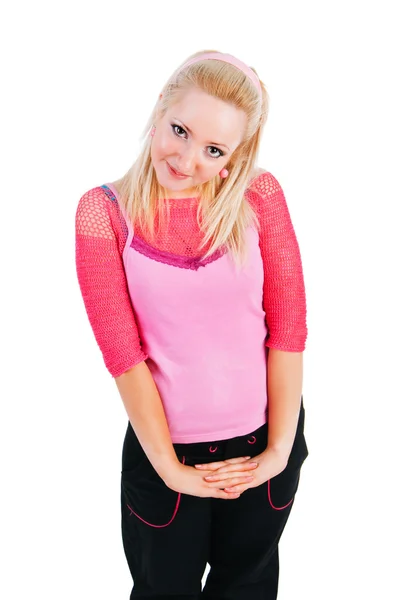 Linda menina sorridente adorável em blusa rosa — Fotografia de Stock