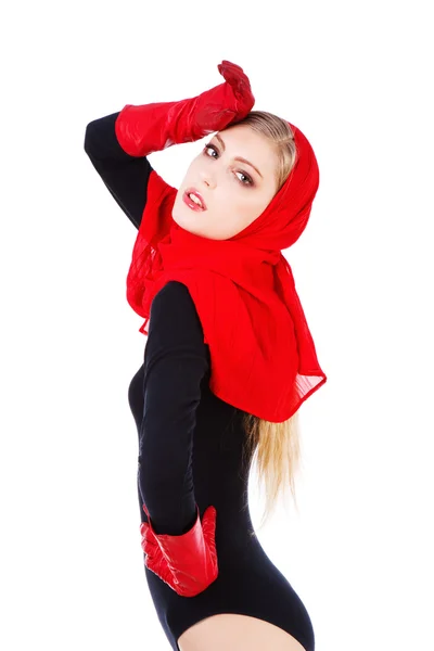 Beautiful adorable young girl red scarf — Stock Photo, Image