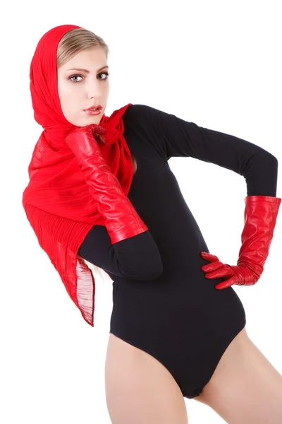 Bella ragazza bionda seducente in sciarpa rossa Foto Stock Royalty Free