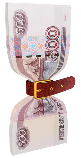 Pack of 500 ruble banknotes tightly constricted belt — Stock Photo, Image