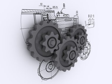 Three gray metallic gears against a background of engineering drawing clipart