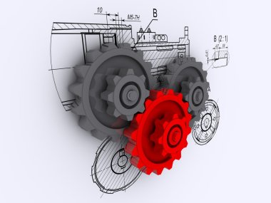 Two gray and one red gears against a background of engineering drawing