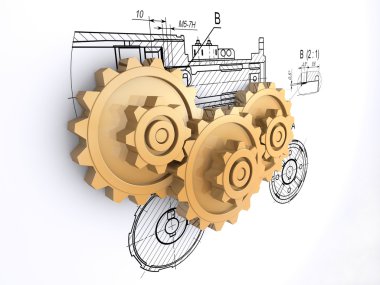 Three golden gears against a background of engineering drawings with shadow clipart