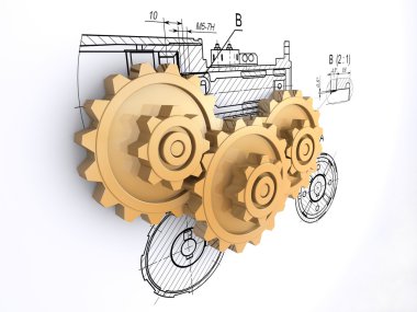 Three golden gears against a background of engineering drawings with shadow