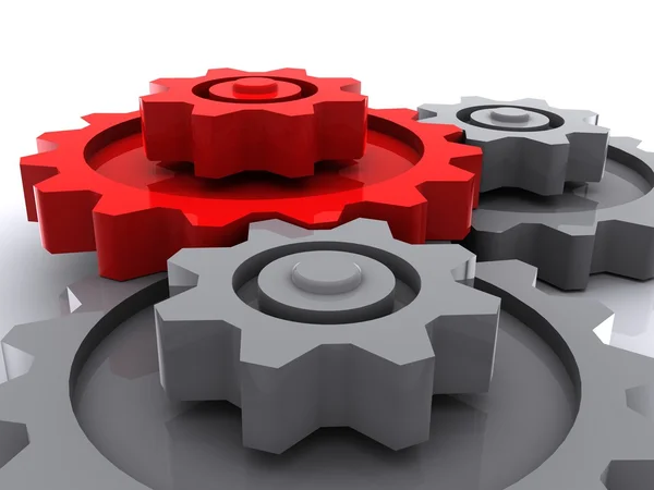 Två gray och en röd gears placeras horisontellt — Stockfoto