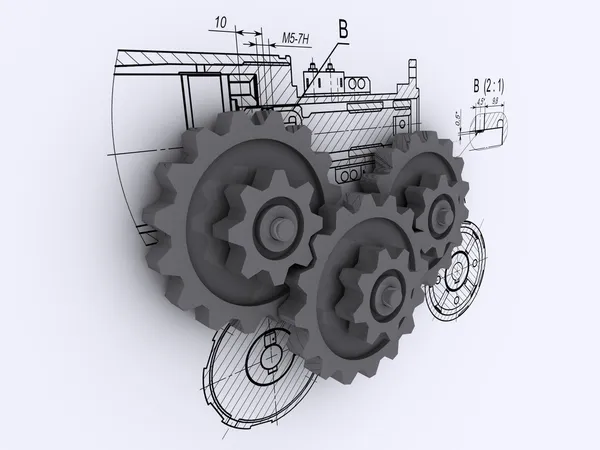 Three gray metallic gears against a background of engineering drawing — Stock Photo, Image