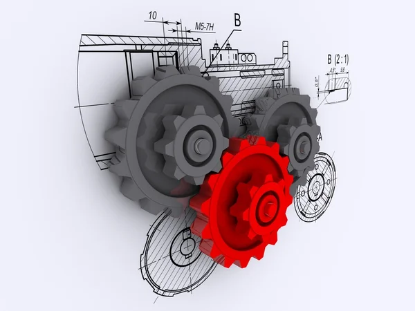 Two gray and one red gears against a background of engineering drawing — Stock Photo, Image