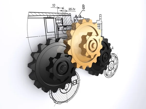 Zwei metallisch-graue und ein goldenes Getriebe vor einem technischen Hintergrund — Stockfoto