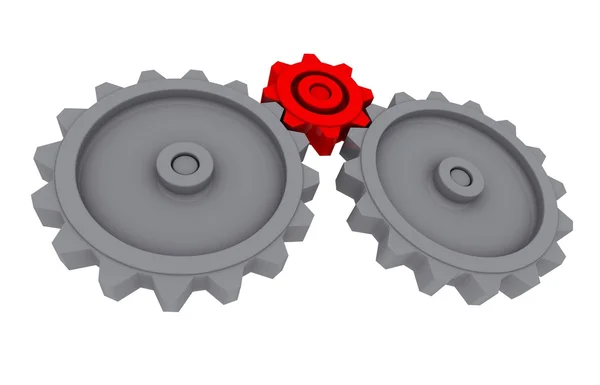 Two big gray and one small red metallic gears placed horizontal on white ba — Stock Photo, Image