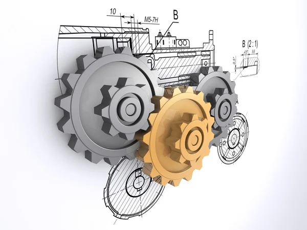 Two metallic gray and one golden gears against a background of engineering — Stock Photo, Image