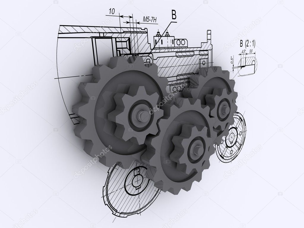 Three gray metallic gears against a background of engineering drawing