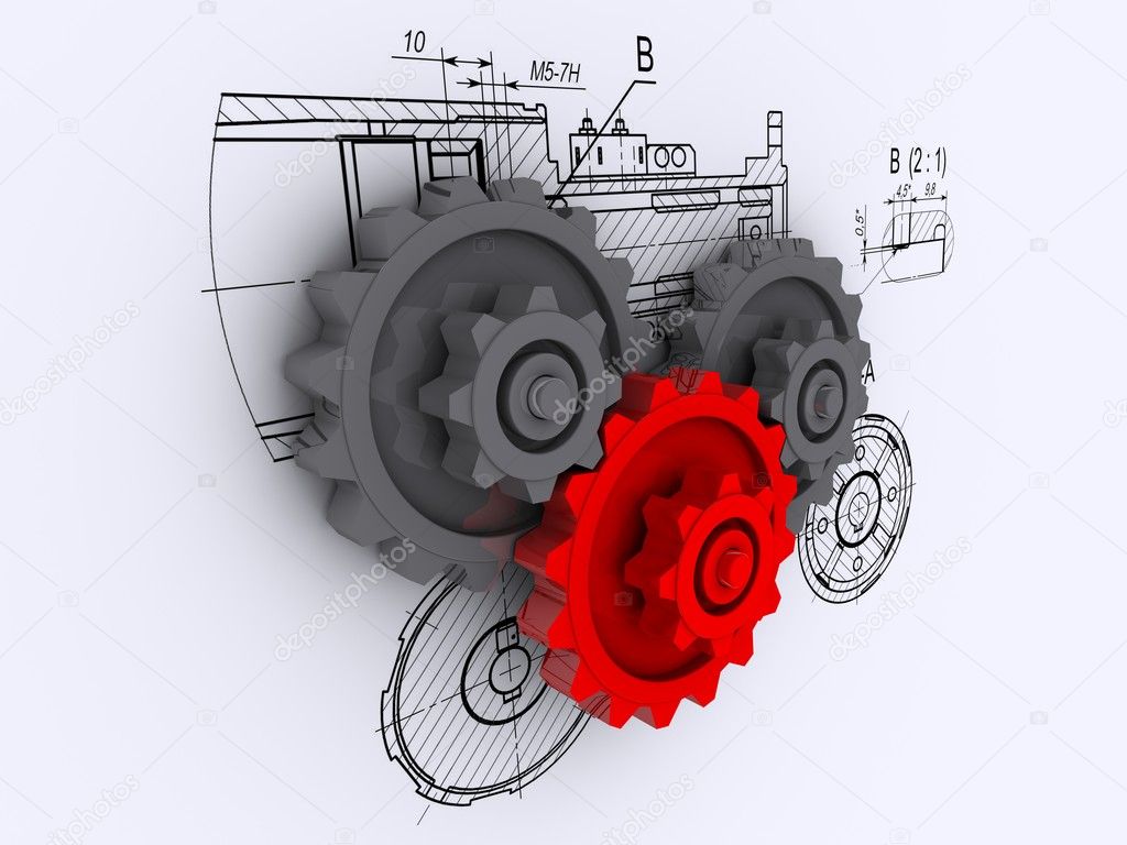 Two gray and one red gears against a background of engineering drawing