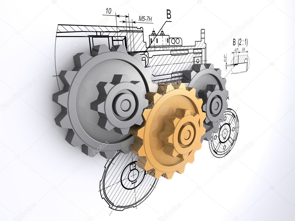 Two metallic gray and one golden gears against a background of engineering