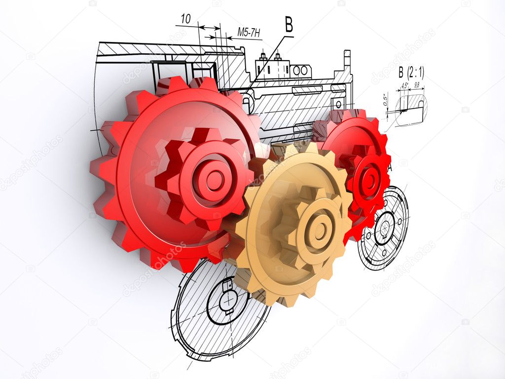 Two metallic red and one golden gears against a background of engineering