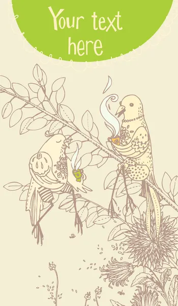 Uccelli, bere tè su un ramo — Vettoriale Stock