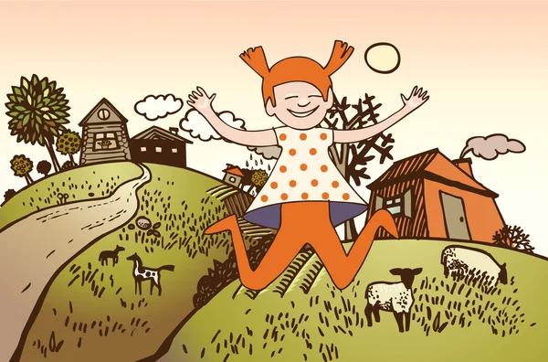 Девушка в деревне, прыгающая от радости — стоковый вектор