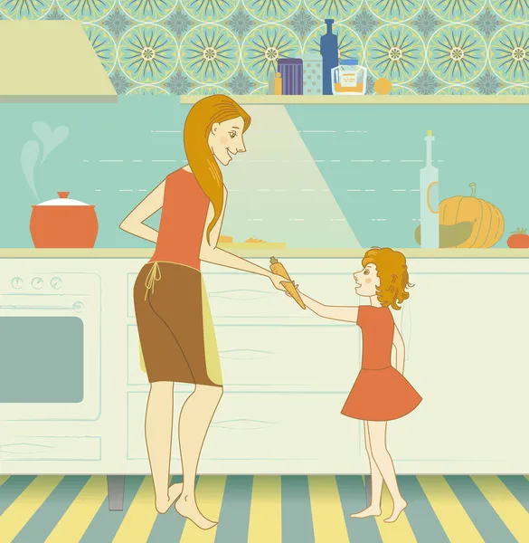 Mère et fille préparant le dîner dans la cuisine — Image vectorielle