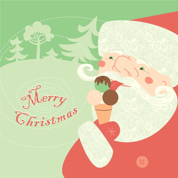 Άγιος Βασίλης τρώει παγωτό. η χριστουγεννιάτικη κάρτα — Διανυσματικό Αρχείο