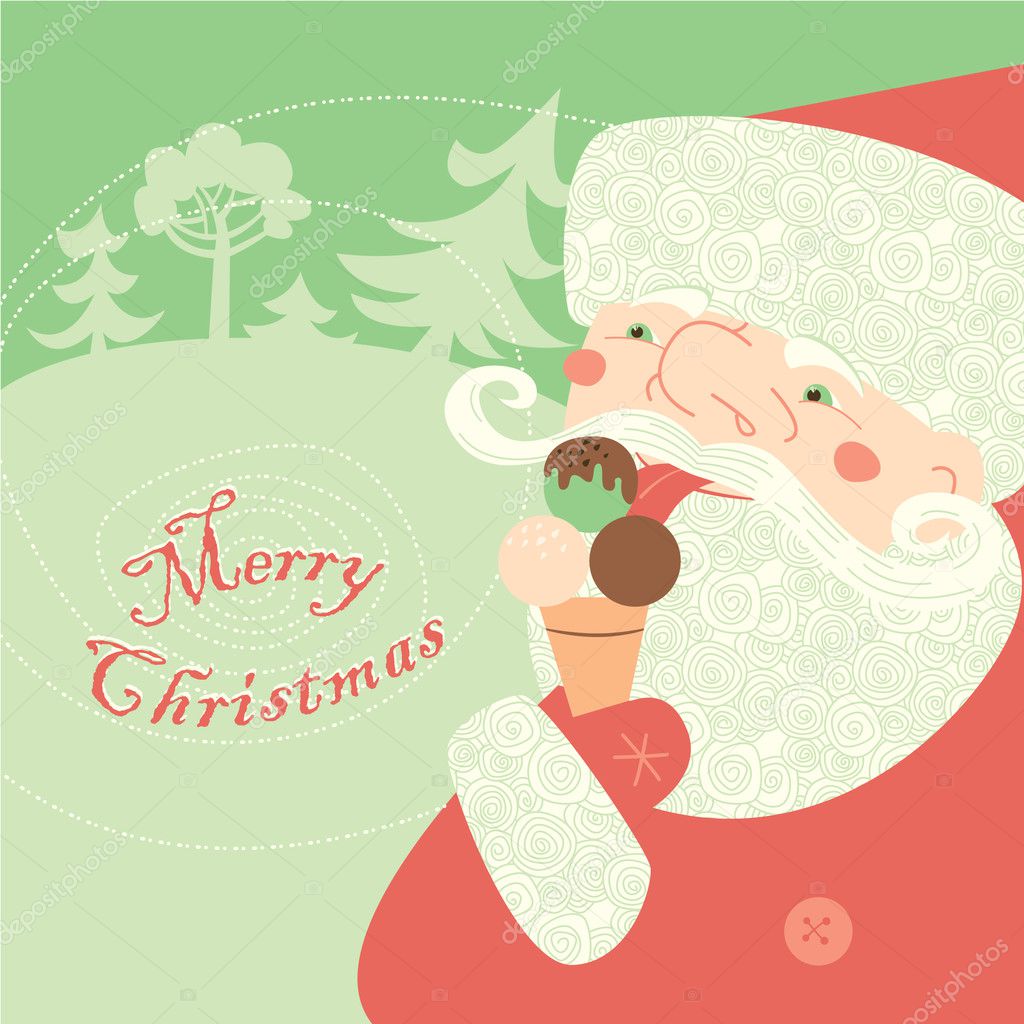 Santa Claus eats ice cream. The Christmas card