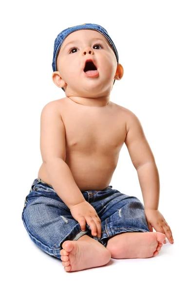 Naked baby-boy in jeans — Stock Photo, Image
