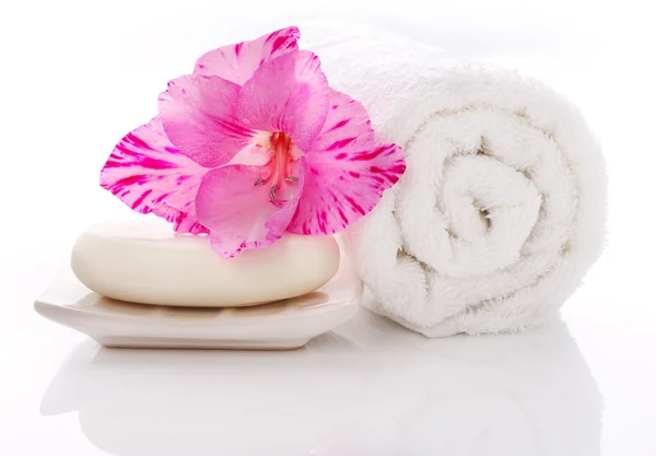 Towel Soap and flower — Stock Photo, Image
