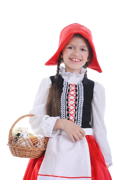 Κορίτσι σε ένα κόκκινο καπάκι με ένα καλάθι — Φωτογραφία Αρχείου