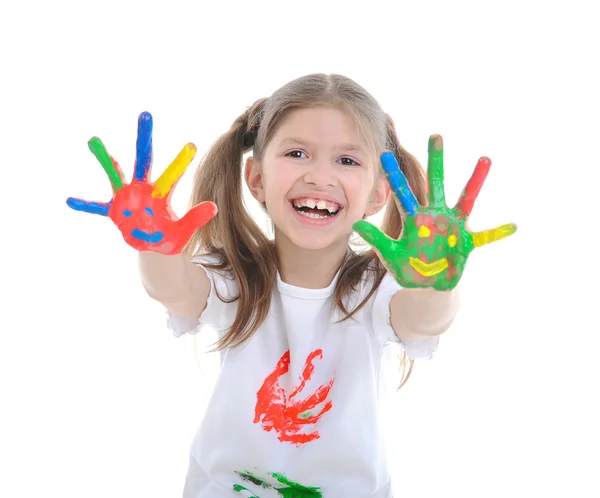 Mädchen mit Händen in einer Farbe — Stockfoto