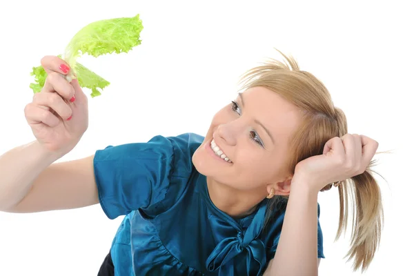 Beautiful girl with lettuce in her hand — Stock Photo, Image